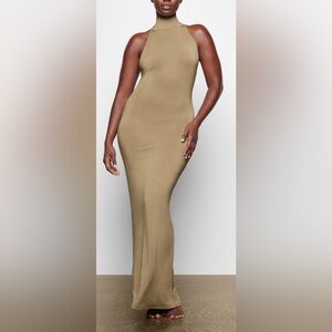 SKIMS Smooth Lounge Halter Open Back Maxi Dress Size S Khaki Summer Spring